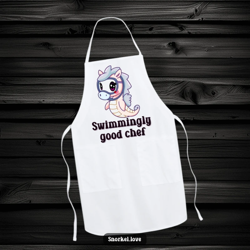 Funny cheerful seahorse with snorkel, gracefully swimming, illustrated on a durable kitchen apron, bringing elegant humor to cooking.