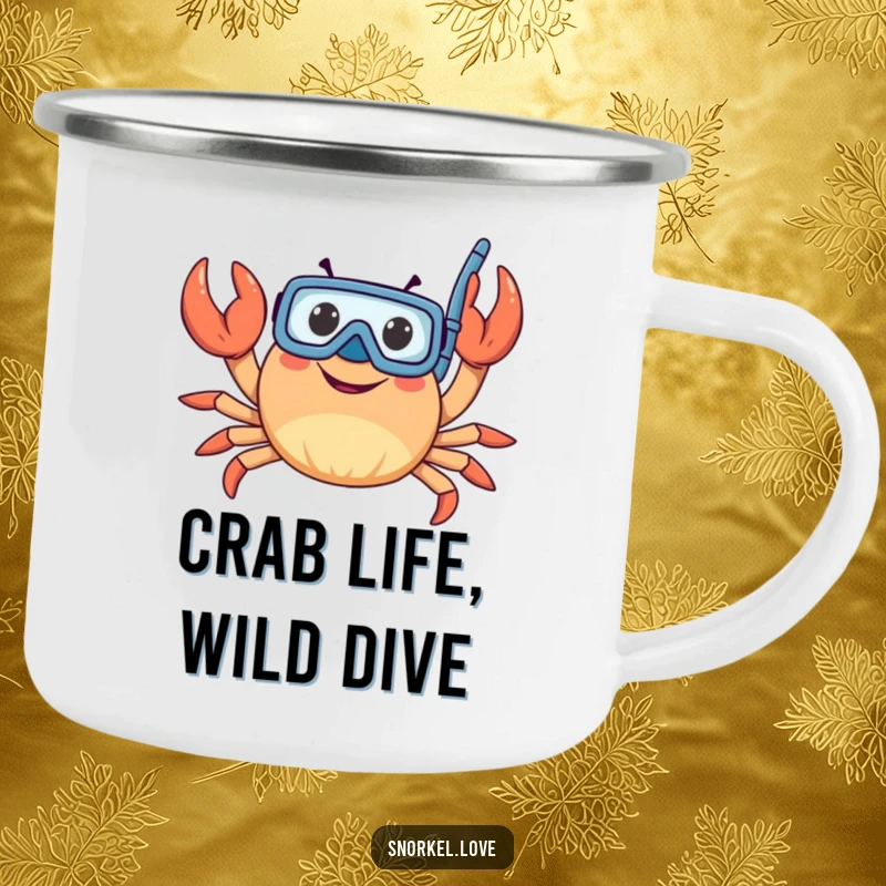 Durable enamel camping mug featuring a funny crab with snorkel, waving claws, perfect for outdoor adventures and seaside humor.
