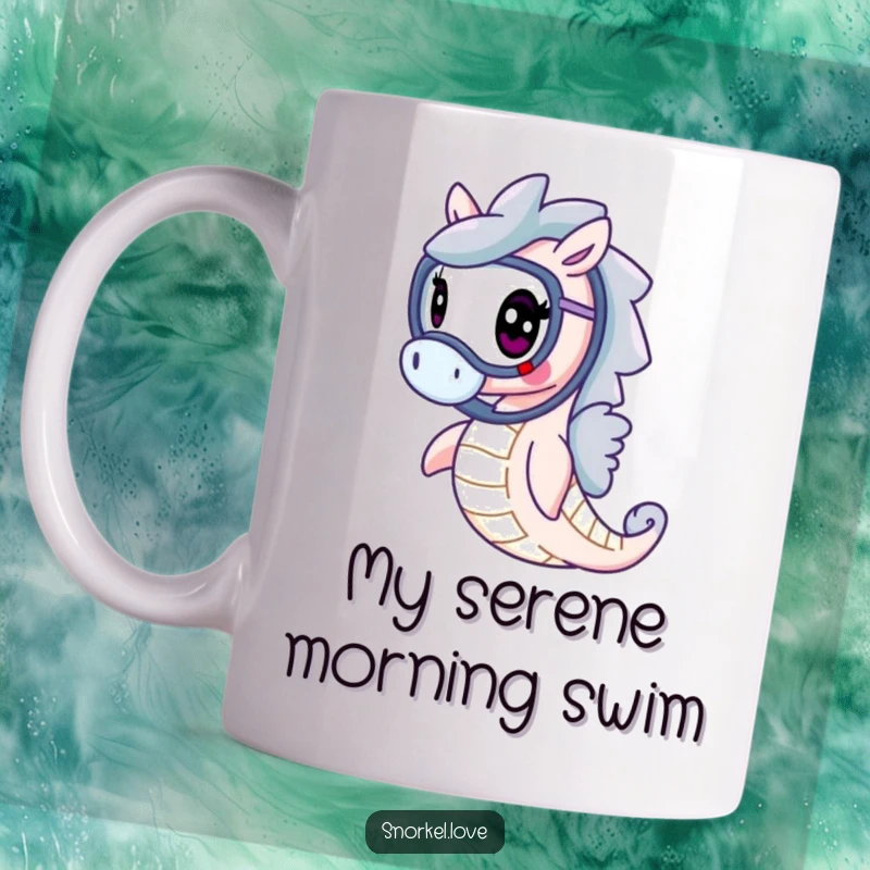 Funny, cheerful seahorse gracefully swimming with a snorkel around its neck on a ceramic mug, embodying underwater joy.