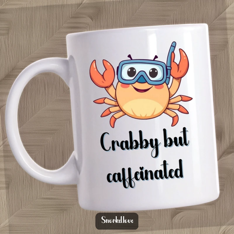 Funny, happy crab character wearing a snorkel and waving its claws enthusiastically on a ceramic mug, ready for underwater fun.