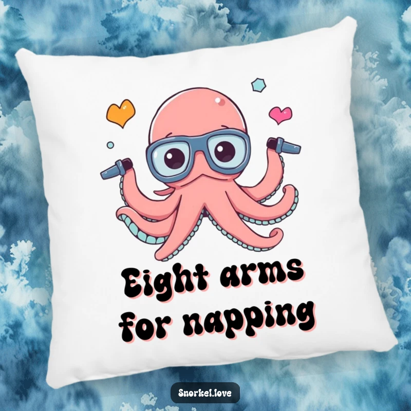 Soft, plush pillow featuring a funny octopus character juggling snorkel tubes, offering comfort and a dose of playful chaos.