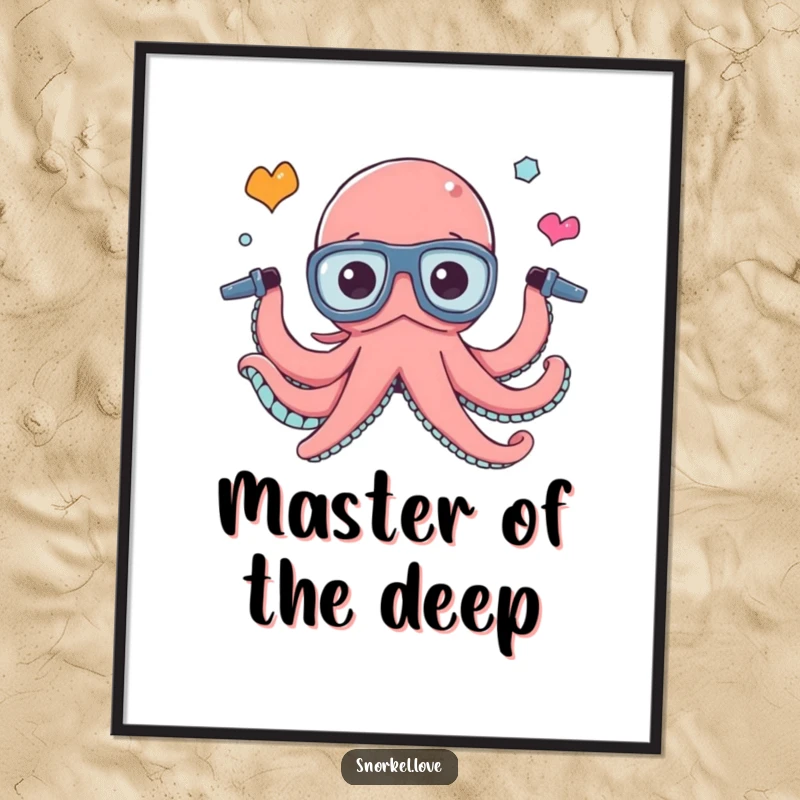 Funny octopus character juggling snorkel tubes, offered as a high-resolution digital art print for immediate, humorous decoration.
