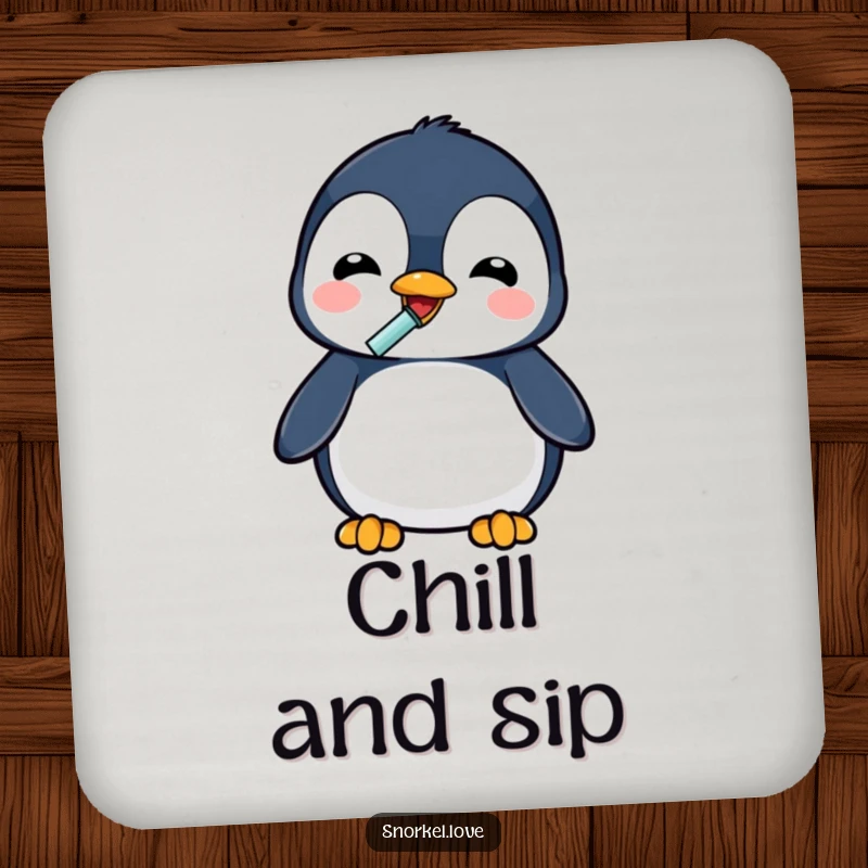 Funny penguin using a snorkel to drink, printed on a protective drink coaster, adding a splash of refreshment humor.