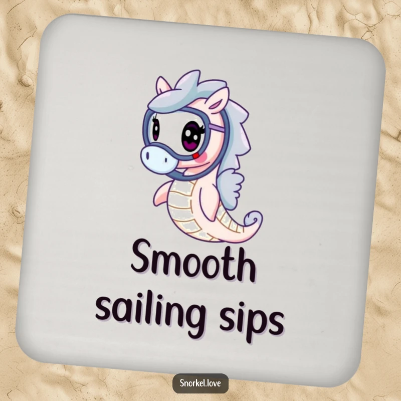 Funny cheerful seahorse with snorkel, gracefully swimming, printed on a protective drink coaster, adding a splash of elegant humor.