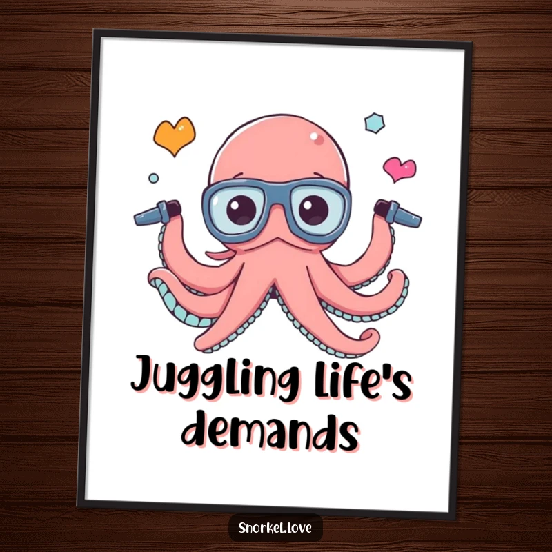 Funny busy octopus juggling three snorkel tubes, presented as vibrant wall art on a high-quality poster for humorous decor.