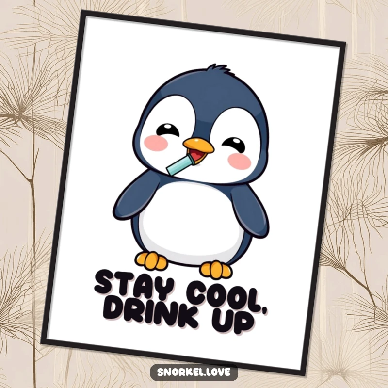 Funny delighted penguin using a snorkel to drink, presented as vibrant wall art on a high-quality poster for humorous decor.
