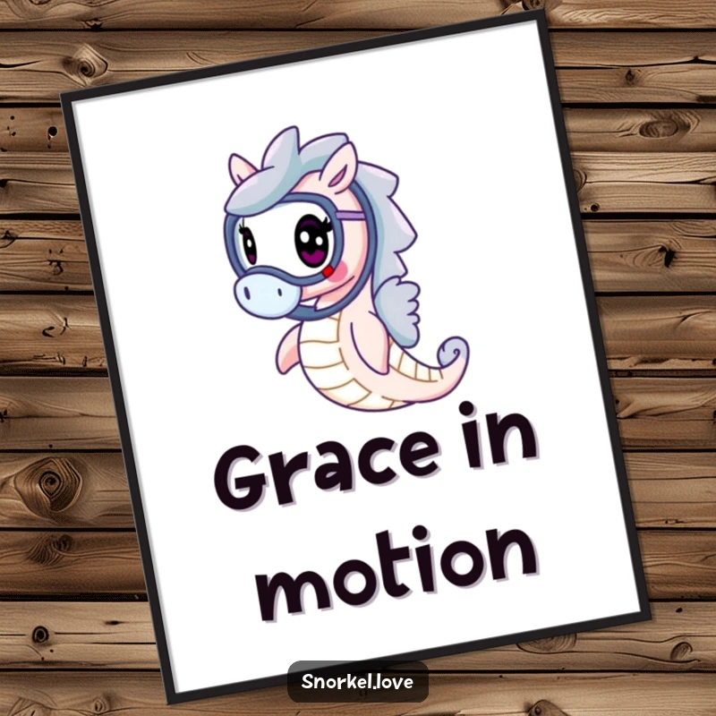 Funny cheerful seahorse with snorkel, gracefully swimming, presented as elegant wall art on a high-quality poster for humorous decor.