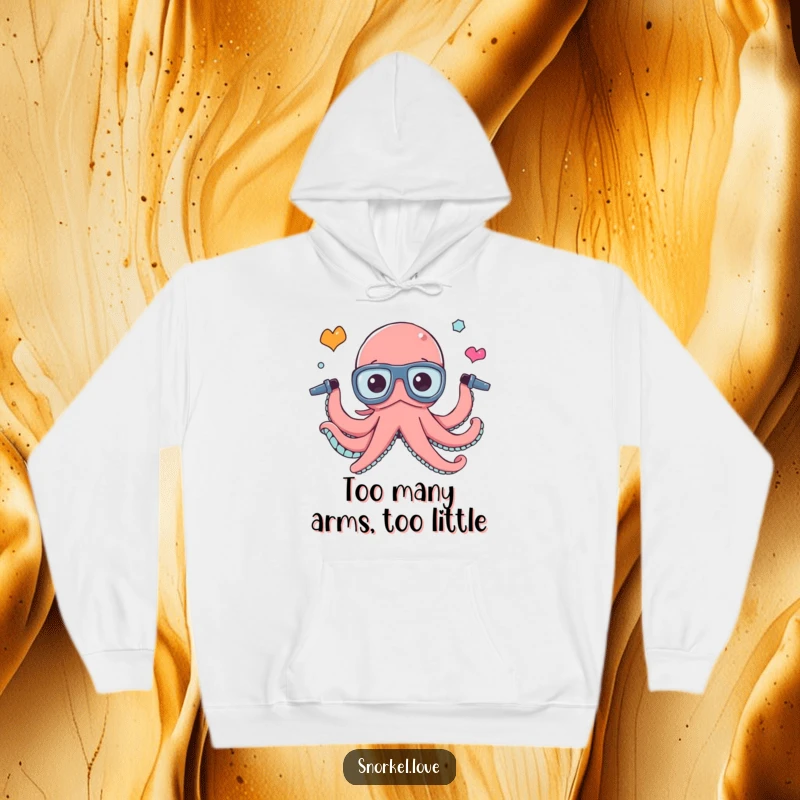 Funny octopus character juggling snorkel tubes, depicted on a soft, warm hoodie, perfect for cozy days and humorous vibes.