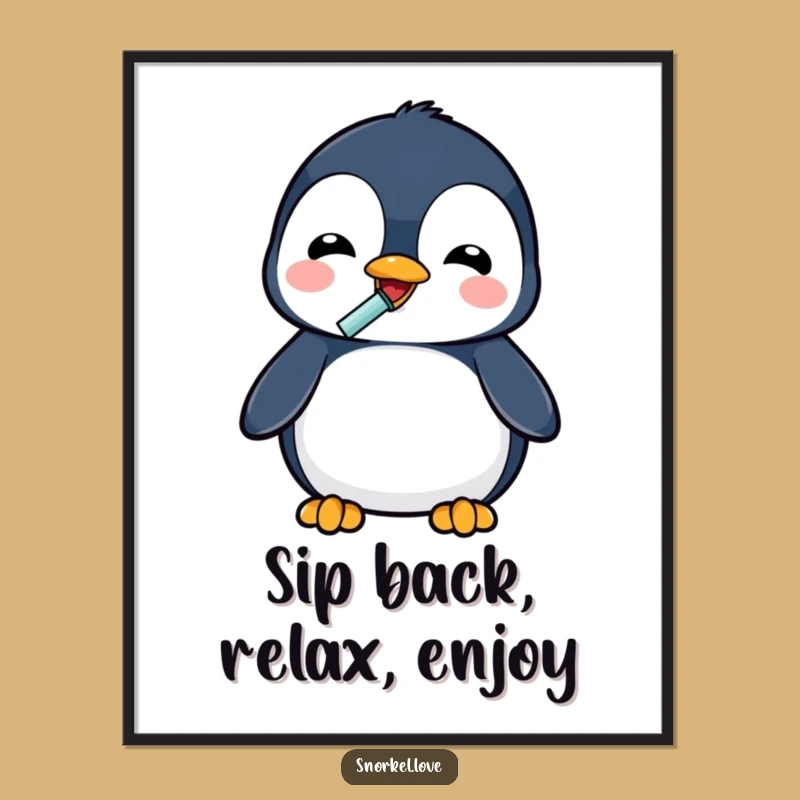 Amusing Free Printable Wall Art: Penguin Drinking with Snorkel, Funny Downloadable Decor