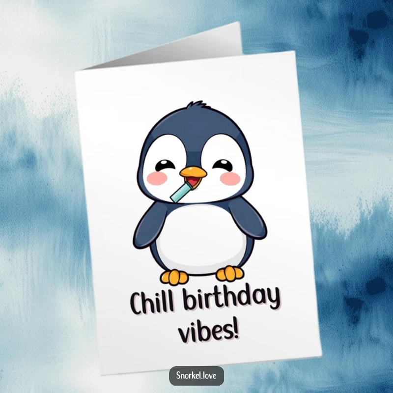Funny Free Printable Birthday Card: A delighted penguin comically using a snorkel to drink, celebrating with gusto.