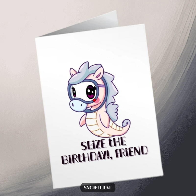 Funny Free Printable Birthday Card: A cheerful seahorse gracefully swimming with a snorkel, embodying birthday joy.