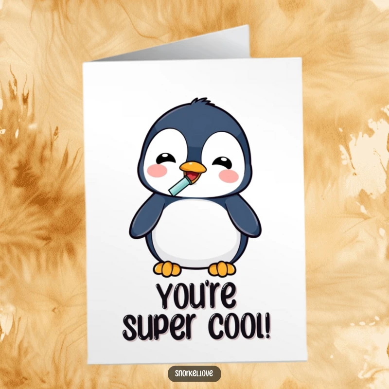 Free Printable Congratulations Card: A delighted penguin enthusiastically drinking through a snorkel, celebrating a major win.