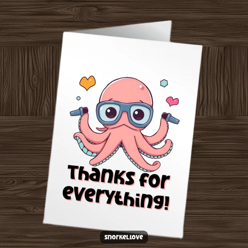 Funny Free Printable Thank You Card: A busy octopus artistically juggling three snorkel tubes, symbolizing many thank yous.