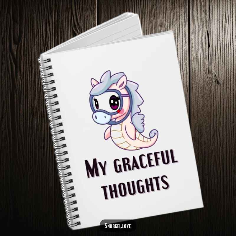Funny cheerful seahorse with snorkel, gracefully swimming, on the cover of a lined notebook, ideal for jotting down thoughts elegantly.