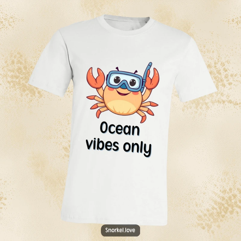 Funny happy crab wearing a snorkel and waving claws, printed on a comfortable t-shirt, perfect for beach or casual wear.