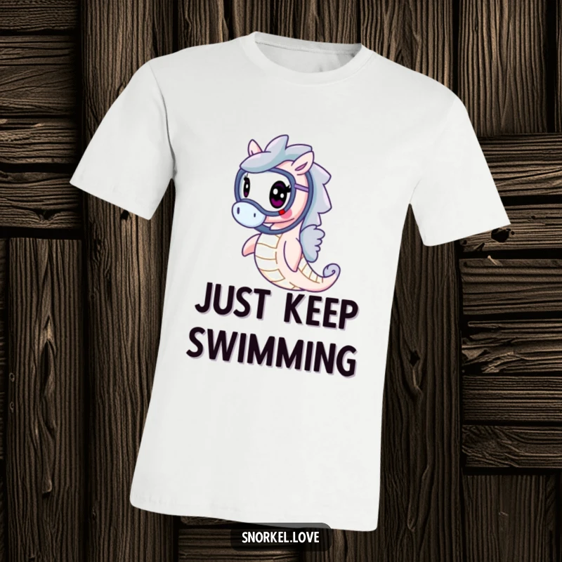 Funny cheerful seahorse with a snorkel, gracefully swimming, printed on a comfortable t-shirt for a serene yet humorous look.