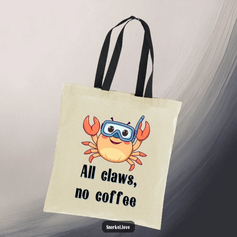 Funny crab with snorkel, waving claws, designed on a sturdy tote bag, perfect for carrying beachwear or daily necessities.