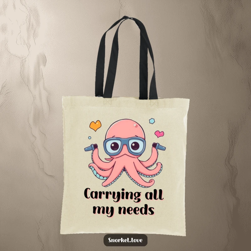 Funny octopus juggling snorkel tubes, designed on a durable tote bag, perfect for carrying everything needed for a busy day.