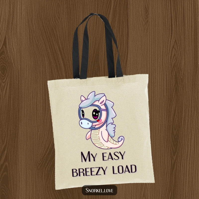Funny cheerful seahorse with a snorkel, gracefully swimming, designed on a durable tote bag for stylish and humorous carrying.