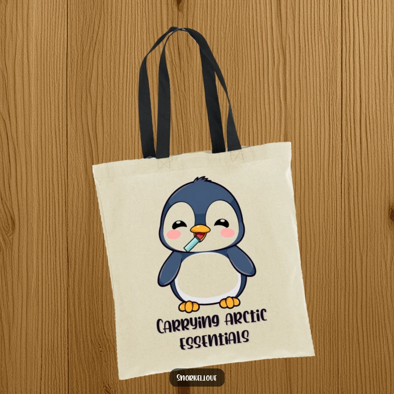Funny penguin using a snorkel to drink, designed on a durable tote bag, perfect for carrying groceries or daily items with humor.